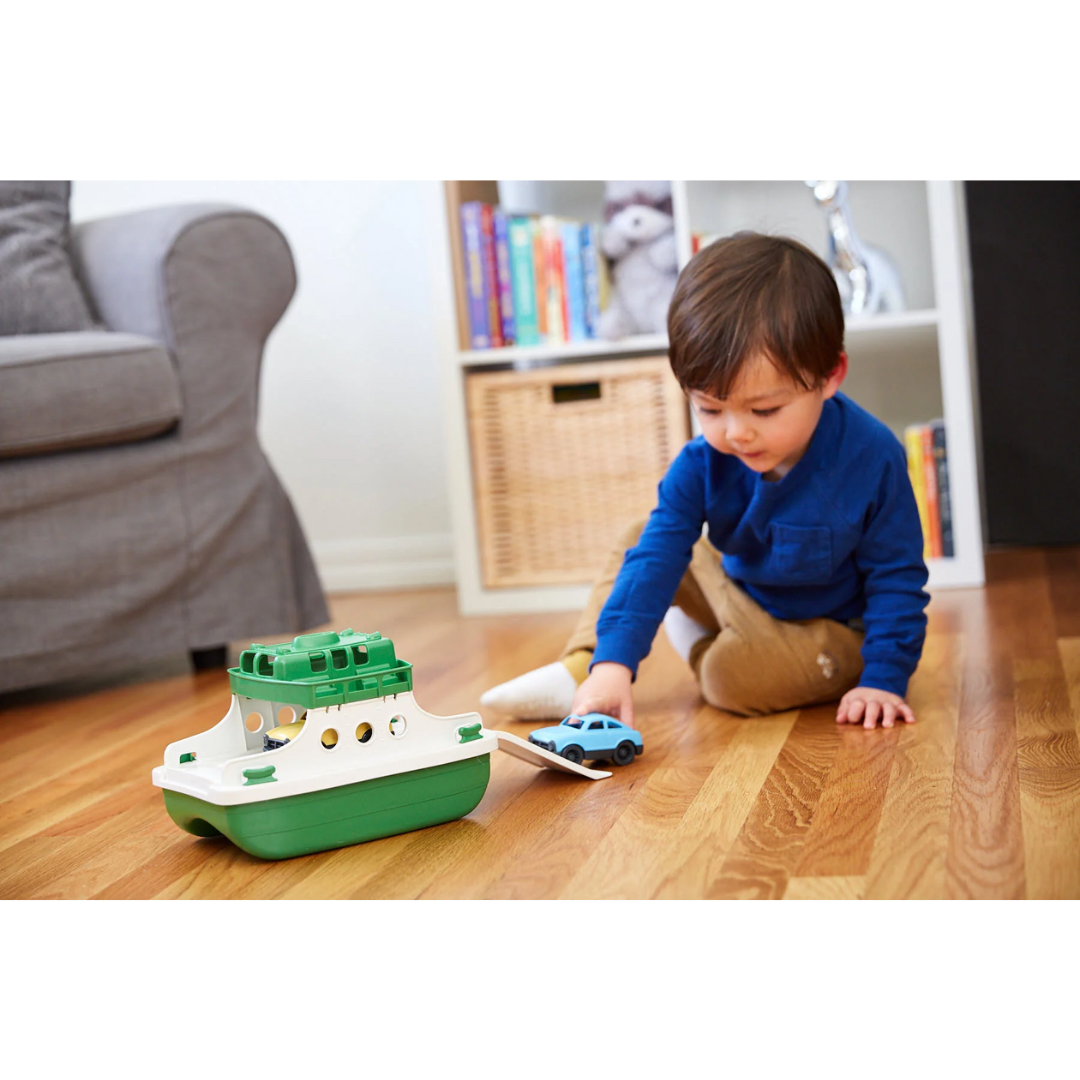Green &amp; White Ferry Boat with Cars