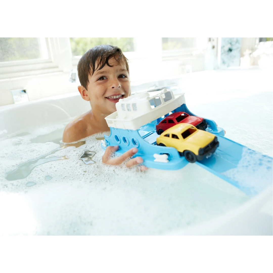 Green &amp; White Ferry Boat with Cars