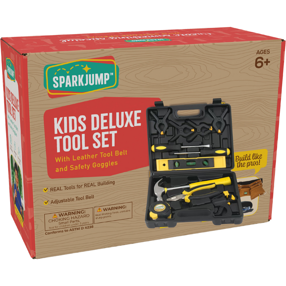 Kids Deluxe Tool Set with Leather Tool Belt &amp; Safety Goggles